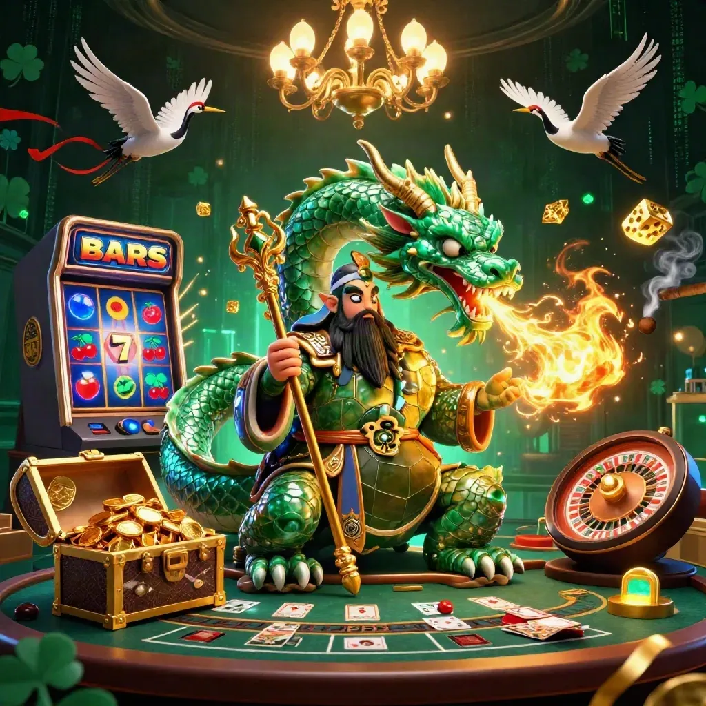 Emerald dragon, sage turtle, cranes, slot burst, and luxe casino lights in a green-gold room.
