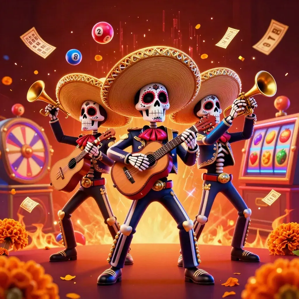 Three skeleton mariachi players amid casino lights, jackpot pieces, lottery balls, and glowing ember magic.
