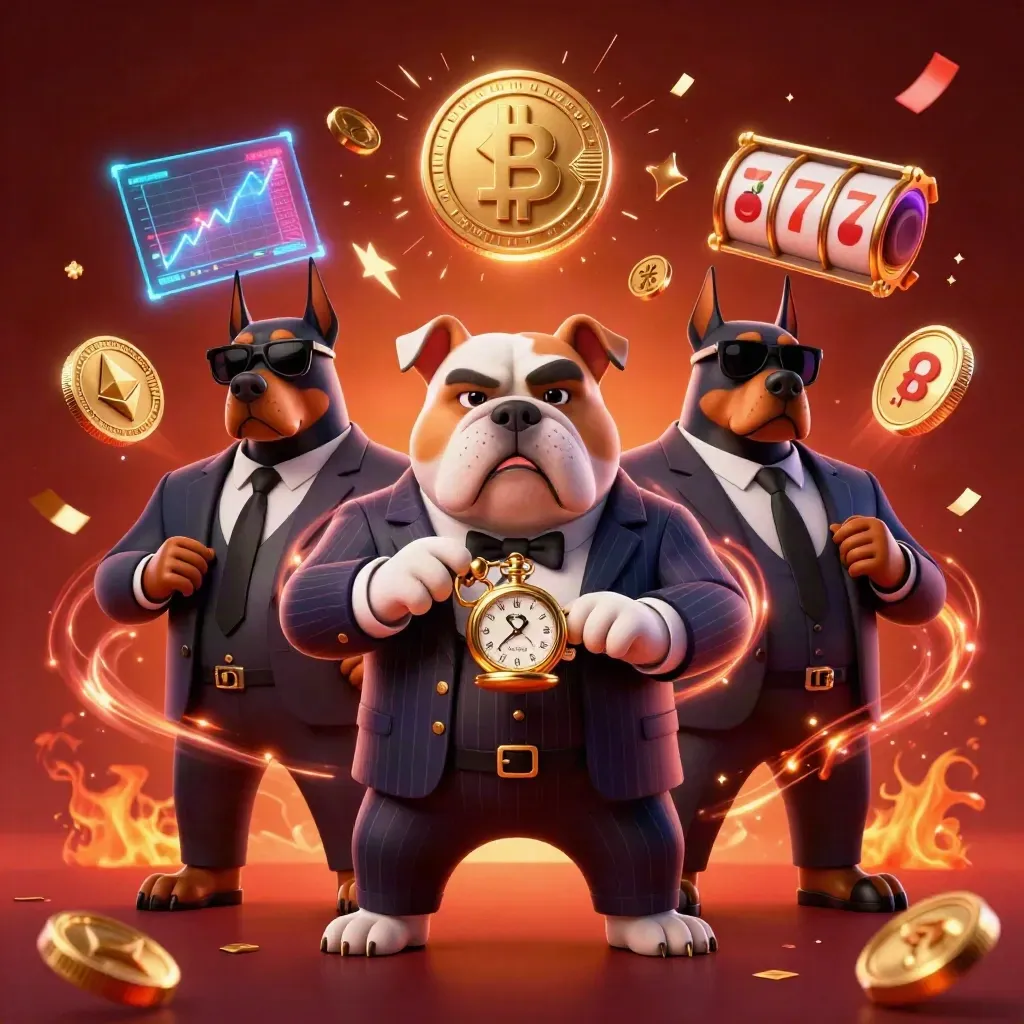 Bulldog crime boss and two Dobermans amid casino coins, sparks, and jackpot chaos