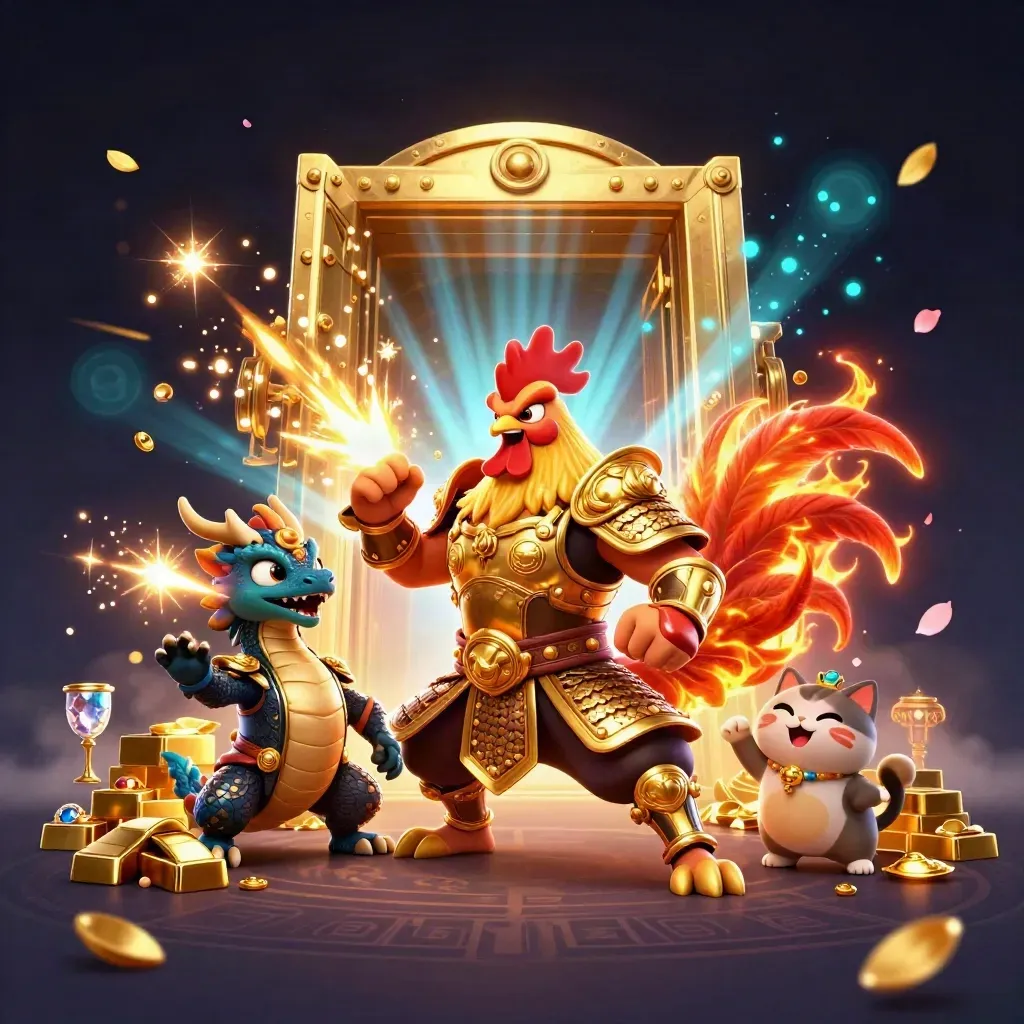 Rooster warrior, dragon hatchling, and fortune-cat burst from a glowing treasure vault amid blue magic