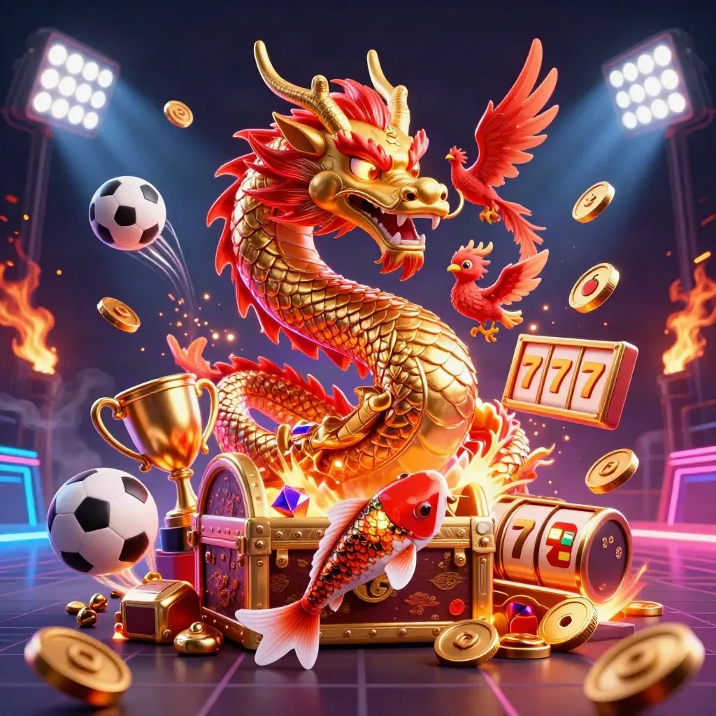 Golden dragon, phoenix and koi amid casino treasure, sports balls and neon-red glow.