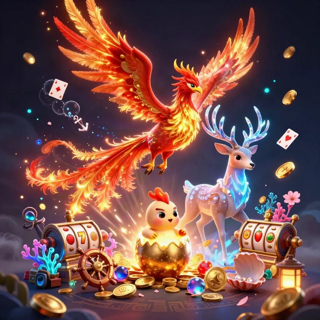 Phoenix, stag, and hatchling amid treasure, coral, cards, and glowing blue casino effects.