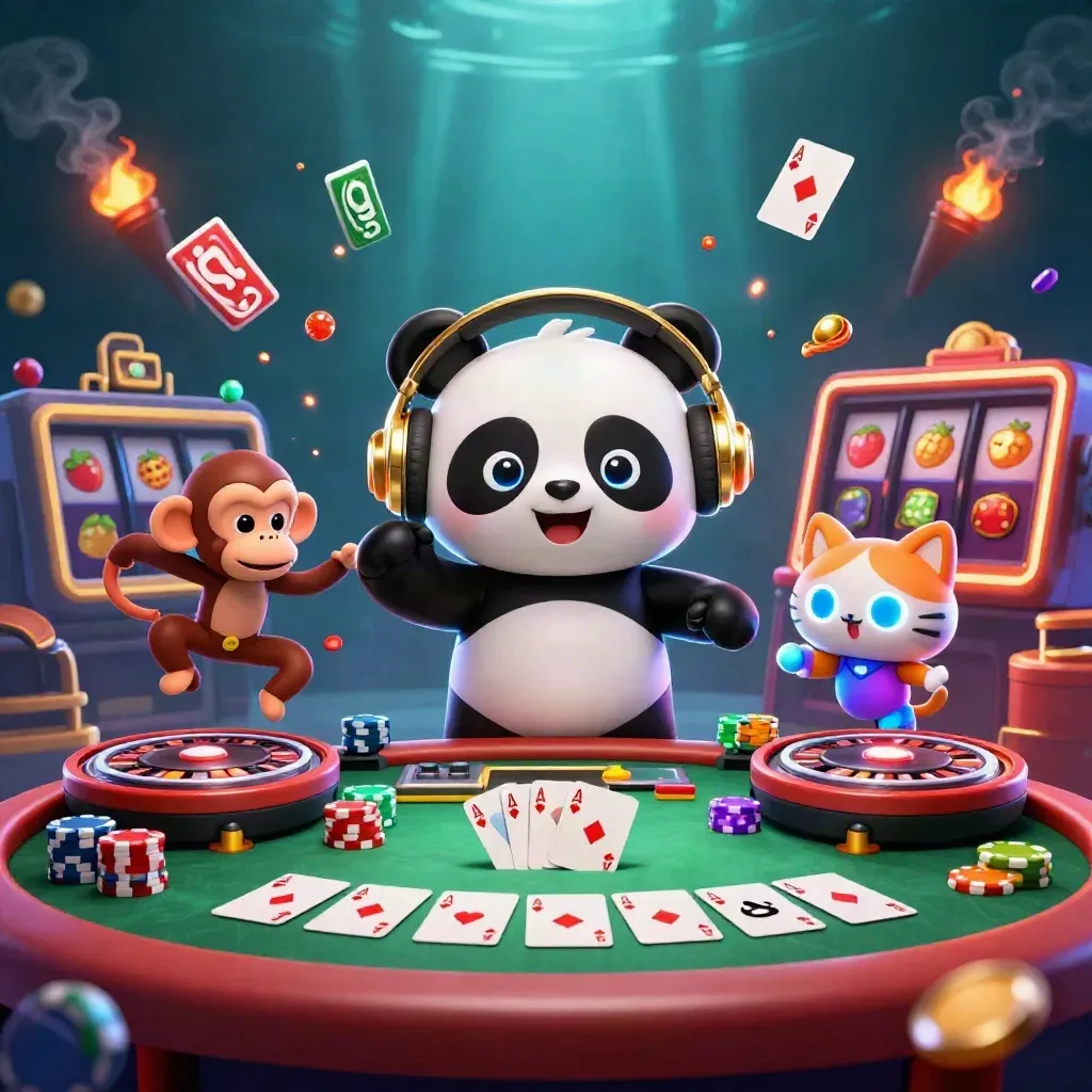 DJ panda, monkey and glow-stick kitten amid casino chips, cards and neon underwater light