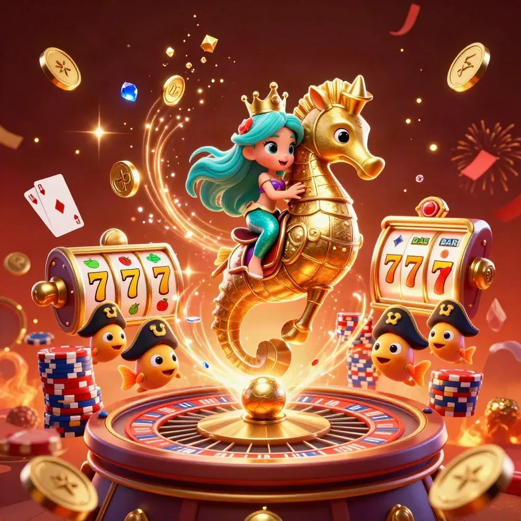 Mermaid princess on armored seahorse amid coins, gems, roulette wheel and fireworks.