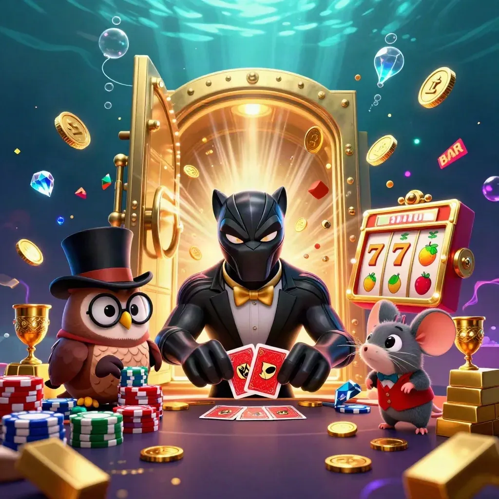 Panther, owl, and mouse amid vault burst, coins, gems, reels, and fireworks underwater.