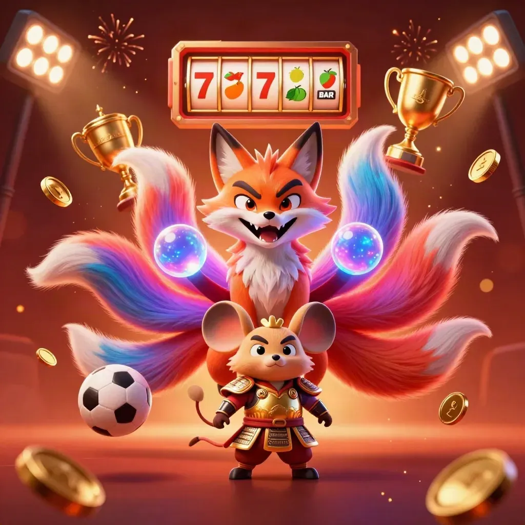 Neon fox spirit and samurai mouse amid coins, sports balls, trophy, fireworks.