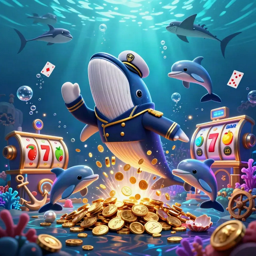 Whale captain, narwhal, and dolphins in a glowing coin-filled underwater casino scene