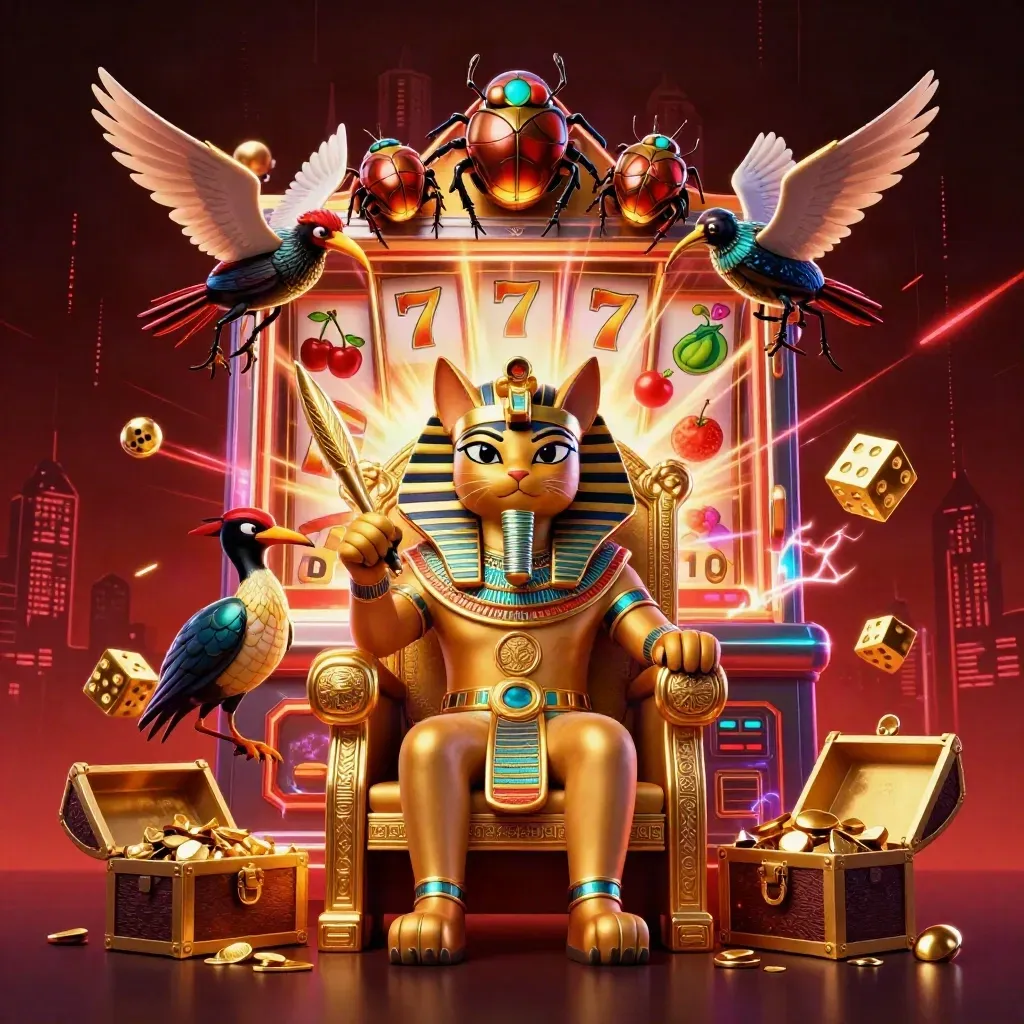 Pharaoh cat, ibis scribe, and scarabs amid exploding slot symbols and jackpot glow.