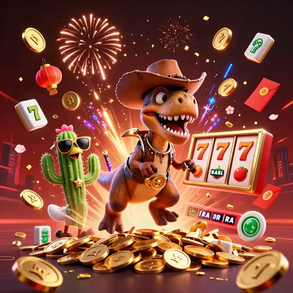 Cowboy T-Rex, cactus sidekick, and roadrunner amid casino loot, fireworks, coins, and neon streaks.