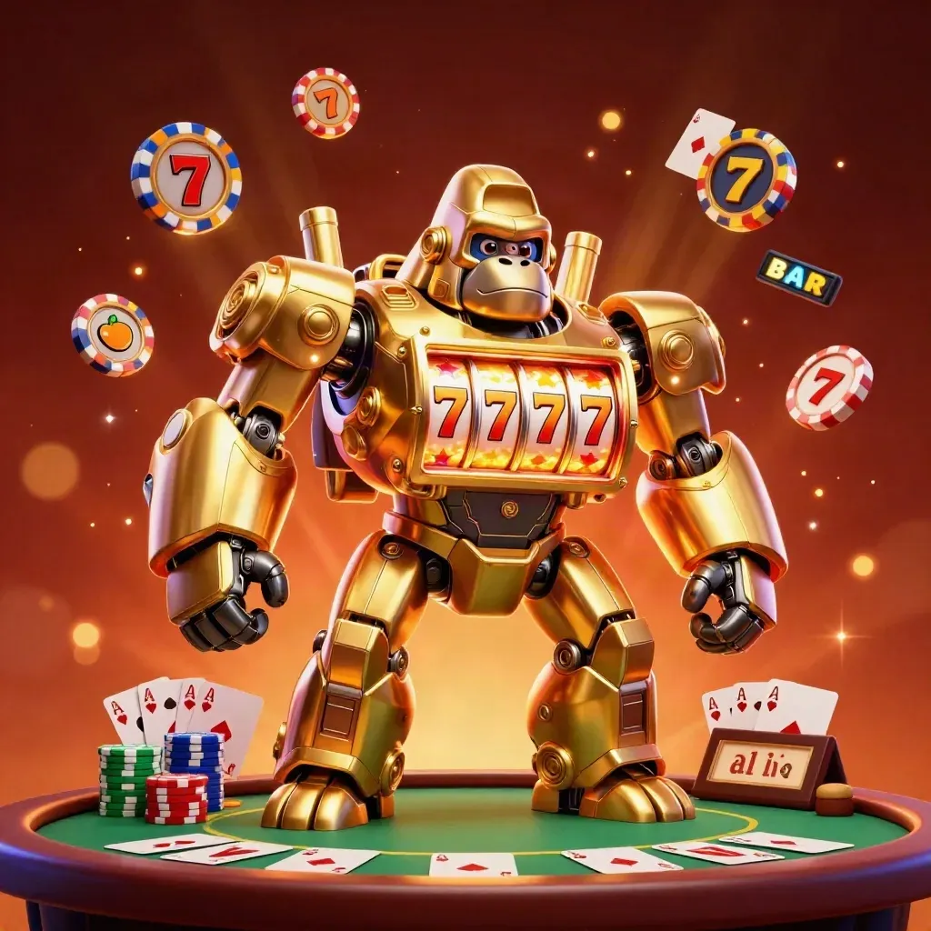 Golden gorilla slot mech with tiny pilot, cards, chips, and glowing casino effects.