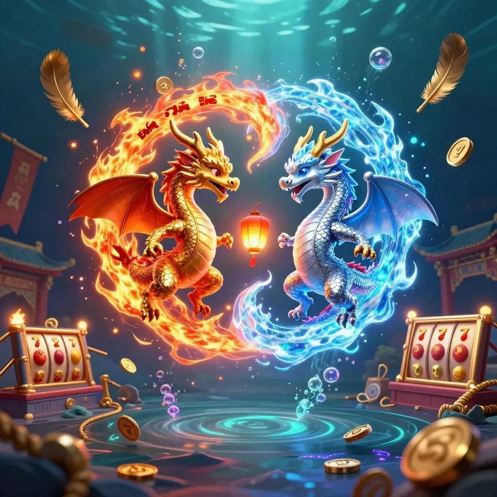 Gold and silver dragons spiral in yin-yang fire and ice with casino symbols in an underwater neon glow.