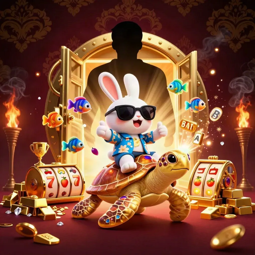 Rabbit in sunglasses rides a golden sea turtle amid vault gold, reels, gems, and casino glow.