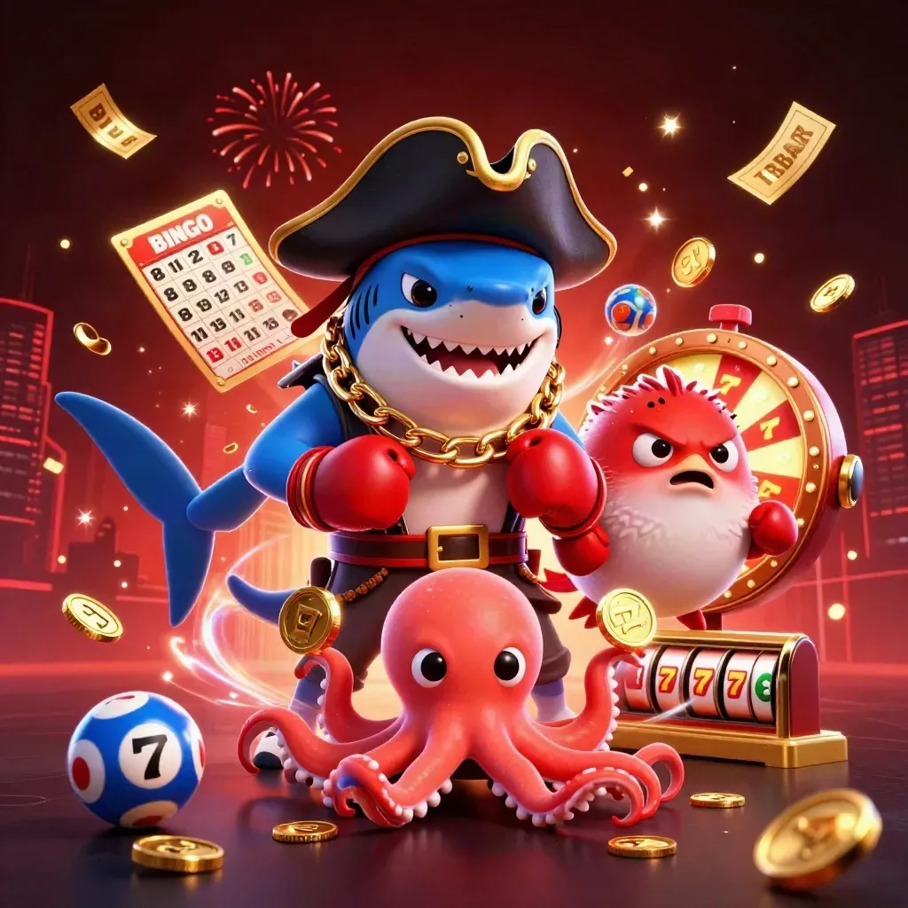 Pirate shark, boxing pufferfish, and juggling octopus amid casino bursts and glowing reels