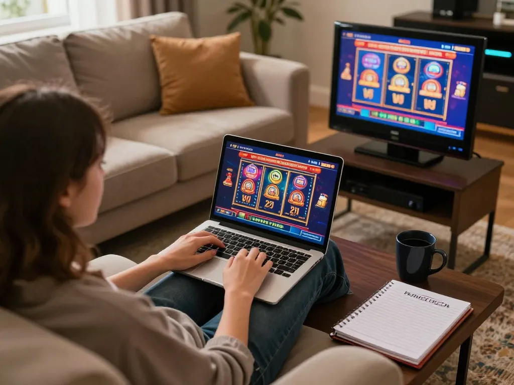 Engaging online gaming scene with 78win on laptop, cozy atmosphere featuring strategy notes and coffee.