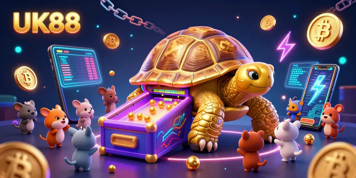 Engaging game scene showcasing UK88 with a golden tortoise pinball machine and crypto elements.