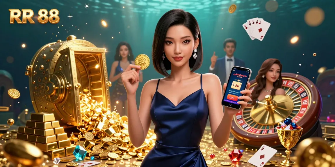 Experience high-stakes excitement at RR 88 casino with game elements fluttering around a confident woman.