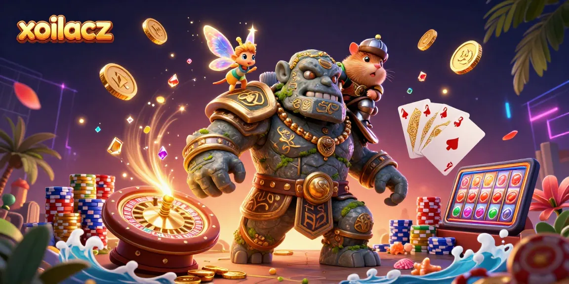 Xoilacz brings thrilling gaming to life with a golem guardian and enchanting characters amidst cascading coins.