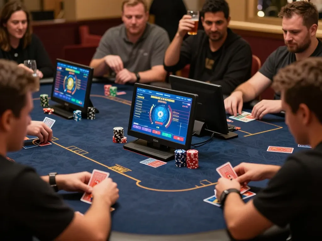 Engaged players participating in an online poker game at home using the Link Lu88 chính thức interface.