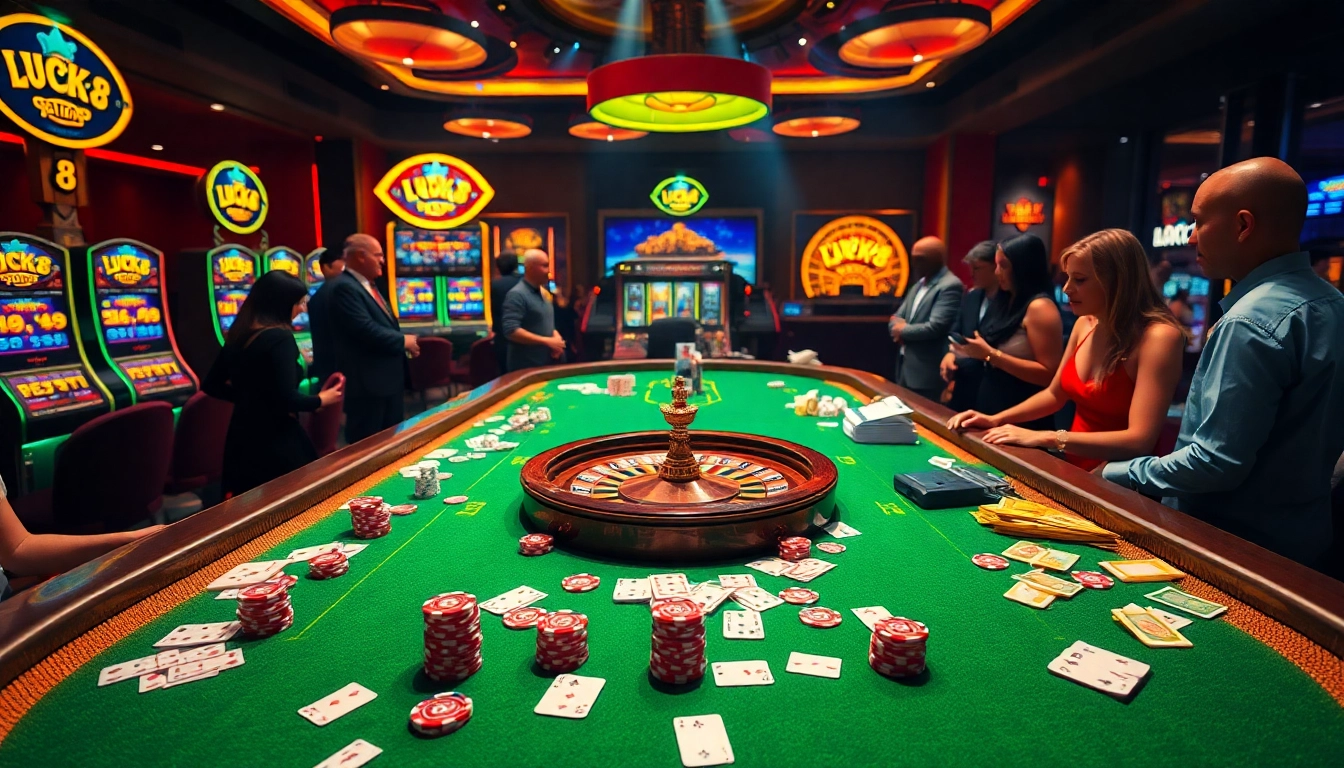 Engaged players at a Luck8-themed casino table, with vibrant poker chips and cards.