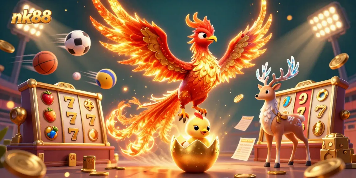 Bet on nk88 with vibrant casino games and dynamic golden rewards in a lively 3D illustration.