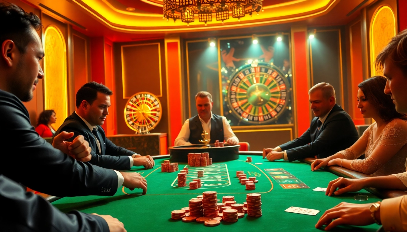 DOLA88 players engaged at an exciting poker table in a vibrant, upscale casino.