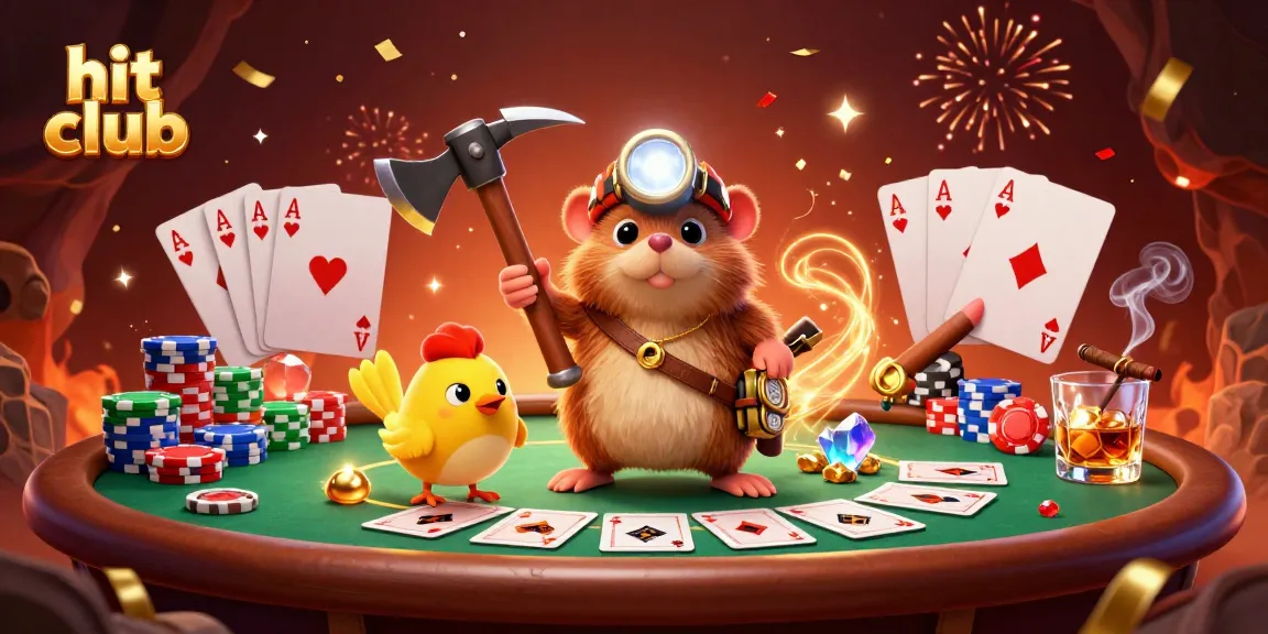 Hit club: A dynamic poker scene with a treasure hunter mole and canary amidst lavish gaming elements.