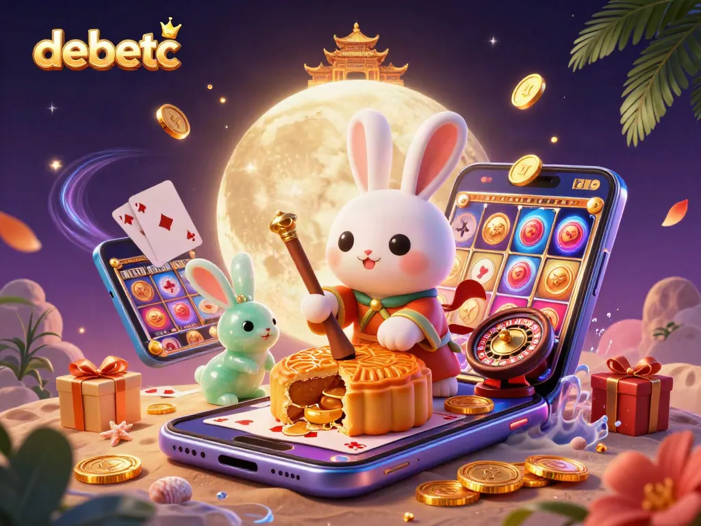 Experience thrilling gaming at debetc with moon rabbits and casino fun illustrated in vibrant action.