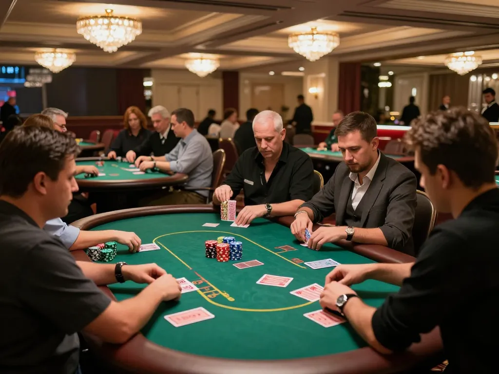 Exciting gaming session at lv88 trang chủ with players focusing on poker tables and vibrant casino atmosphere