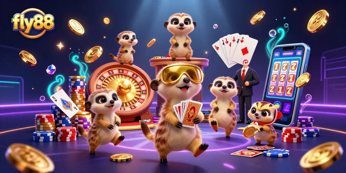Experience the excitement of fly88 as meerkats manage a vibrant casino scene filled with chips and golden prizes.