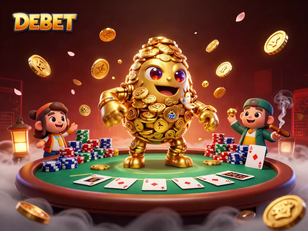 Experience thrilling action with DEBET at a vibrant casino scene filled with gold coins and poker elements.