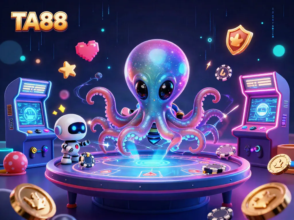 Engaging scene of TA88 with an alien octopus at a poker table, vibrant casino elements.