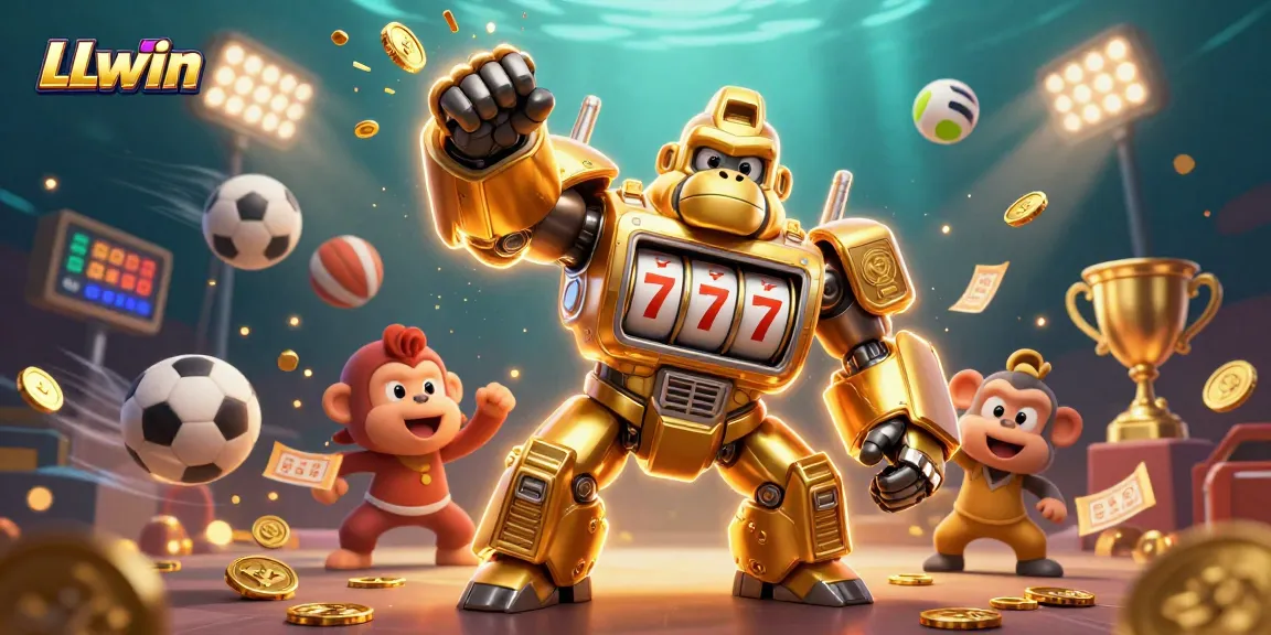 LLwin features a dynamic 3D illustration of a golden gorilla mech and vibrant gaming elements, showcasing the excitement of online gambling.