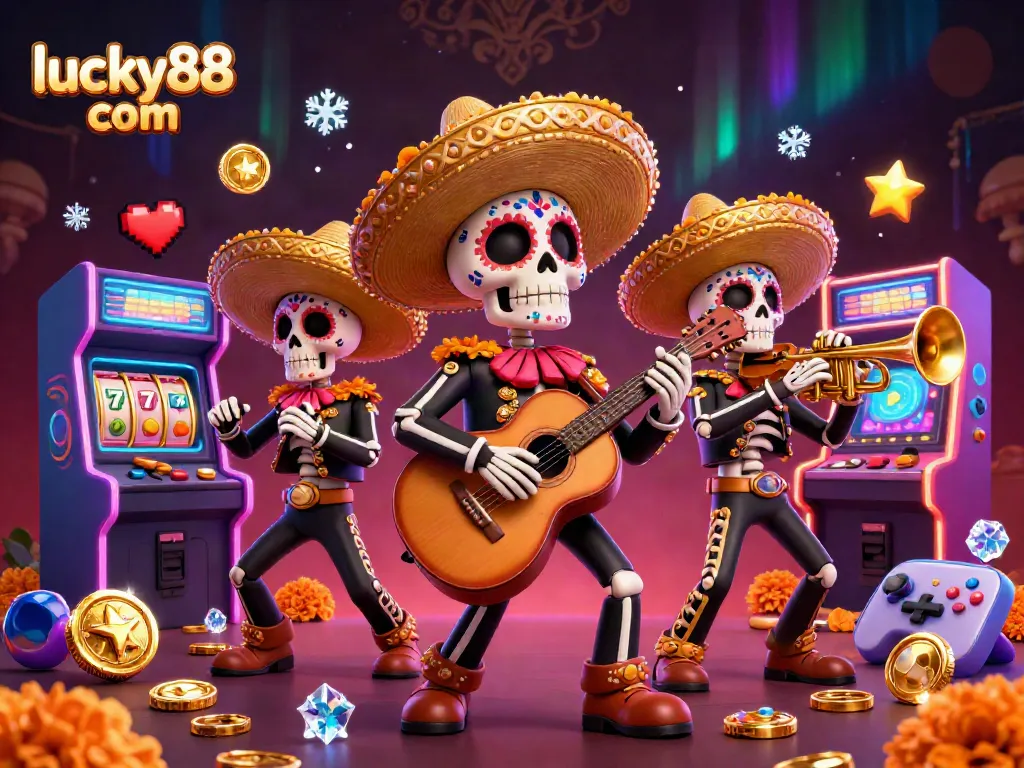 Engage with lucky88 com through vibrant 3D casino illustration of a mariachi band amid dynamic gaming elements.