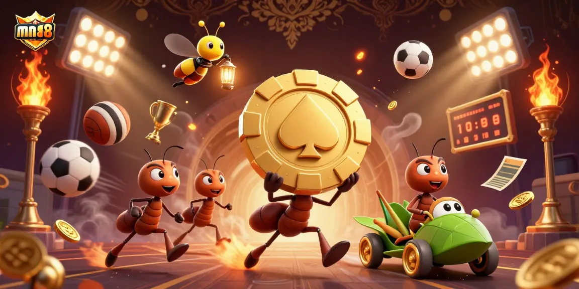 man88 ants stealing a giant poker chip in a vibrant casino heist scene