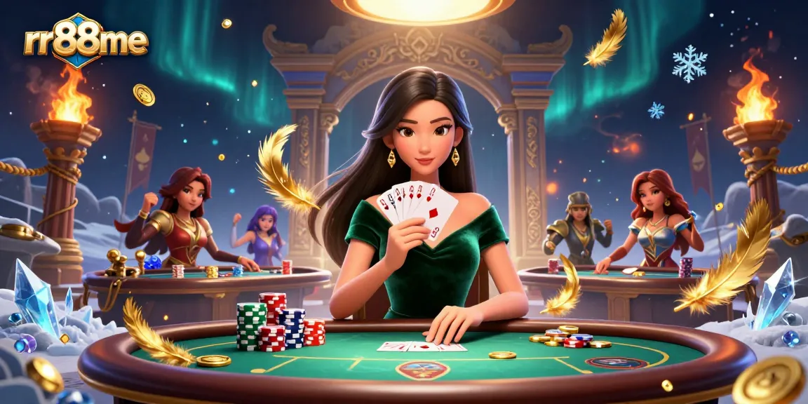 Experience rr88me poker excitement with a strategic Asian player holding winning cards at a luxury table.