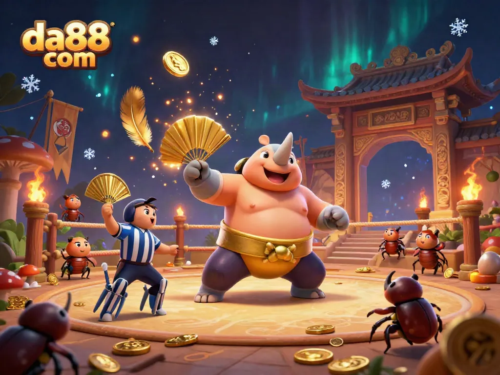 Experience the thrill of da88 com with an exciting combat scene of a beetle champion and vibrant casino elements.