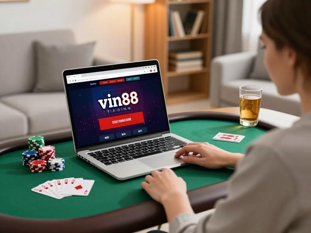 Engaging online gambling scene showcasing vin88 casino interface on a laptop amidst poker chips and cards in an inviting home atmosphere.