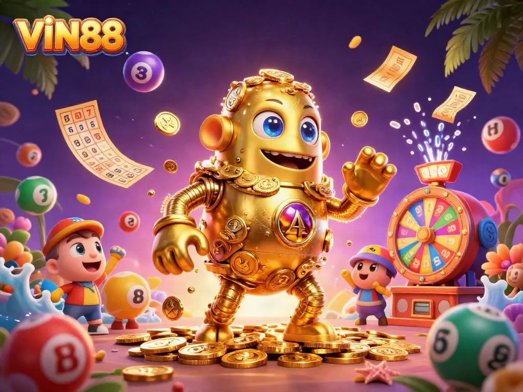 Experience the excitement of VIN88 with a vibrant casino-themed illustration showcasing a golden golem, dice, and lucky symbols