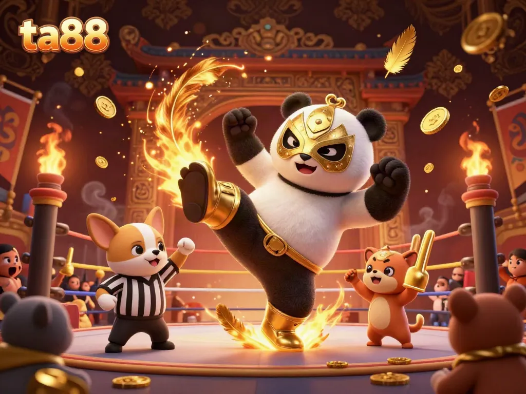 Exciting ta88 casino scene featuring a panda wrestler and cheering animal fans in a vibrant atmosphere.