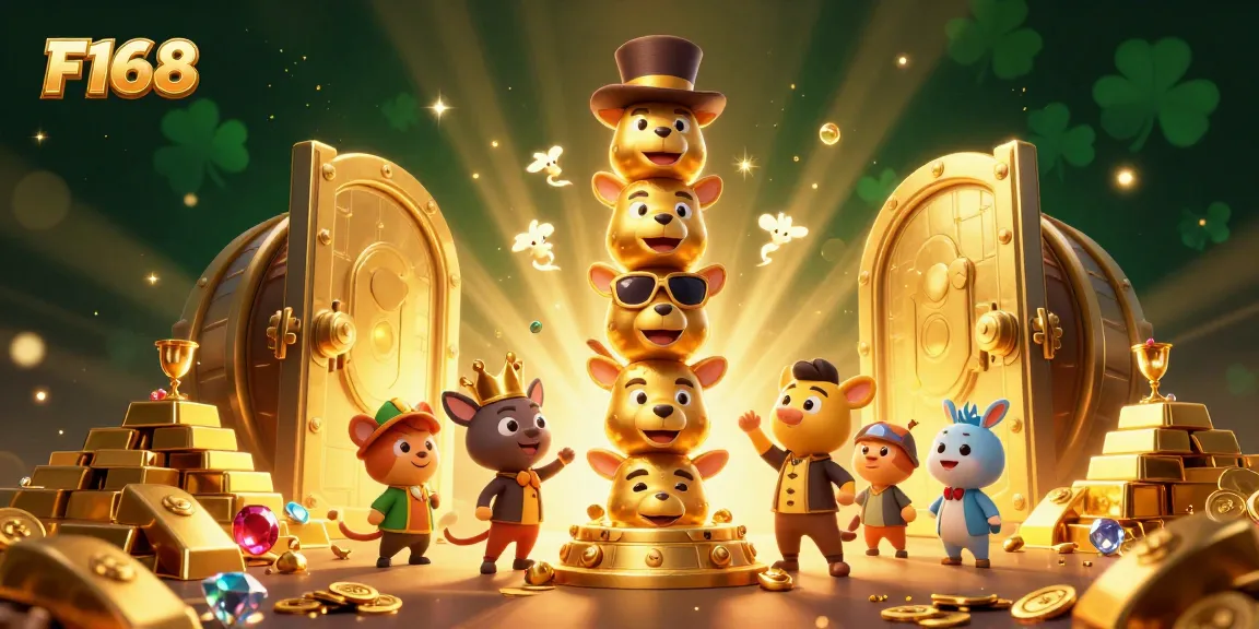 Experience F168's vibrant casino world with a golden totem pole amidst treasures and sparkles in this stunning illustration.