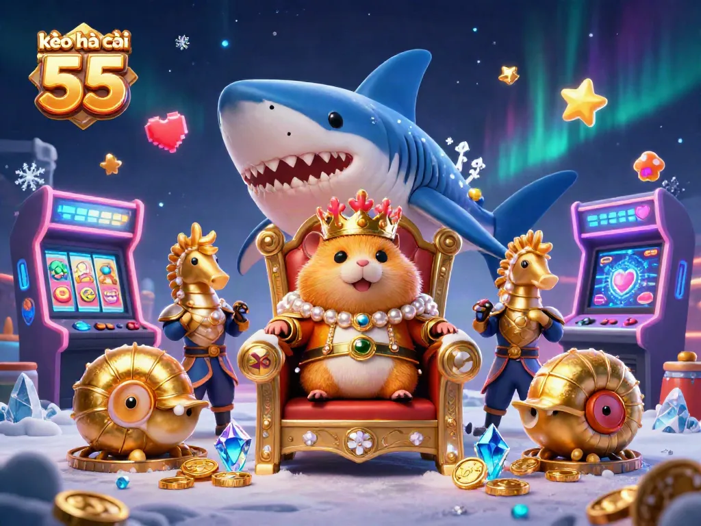 Exciting gaming experience with kèo nhà cái 55 featuring a hamster king on a megalodon throne amidst vibrant arcade machines.