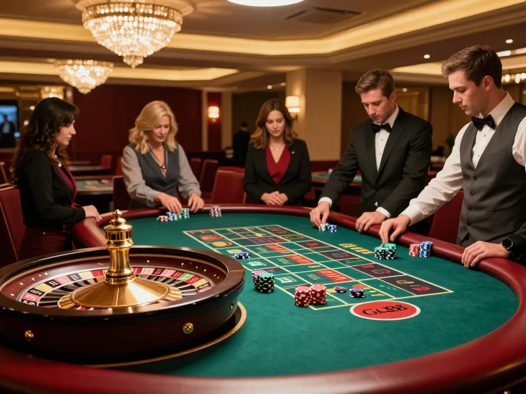 View of GA88 roulette table showing players and vibrant chips in a luxurious casino atmosphere.