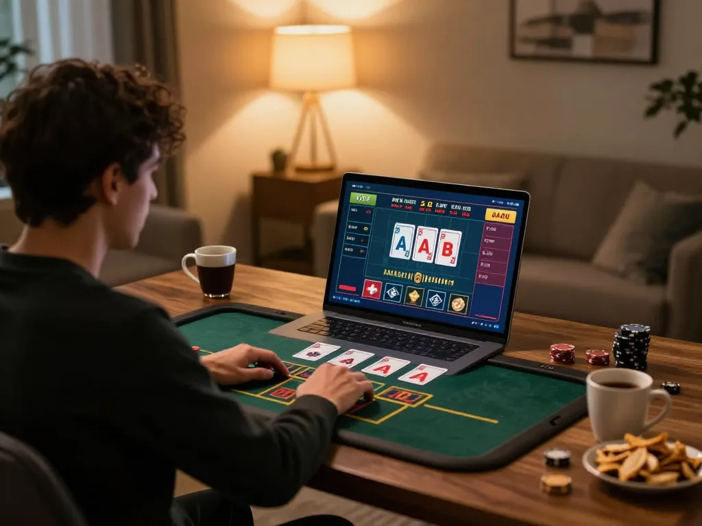 An individual playing cm88 online casino game on laptop, engaging in strategic gameplay from home.