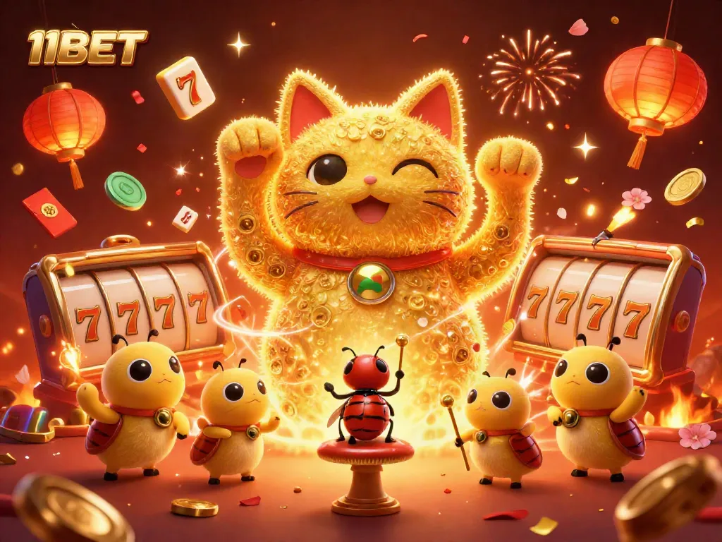 Join the excitement at 11BET, where a giant lucky cat symbolically celebrates wins with casino elements.