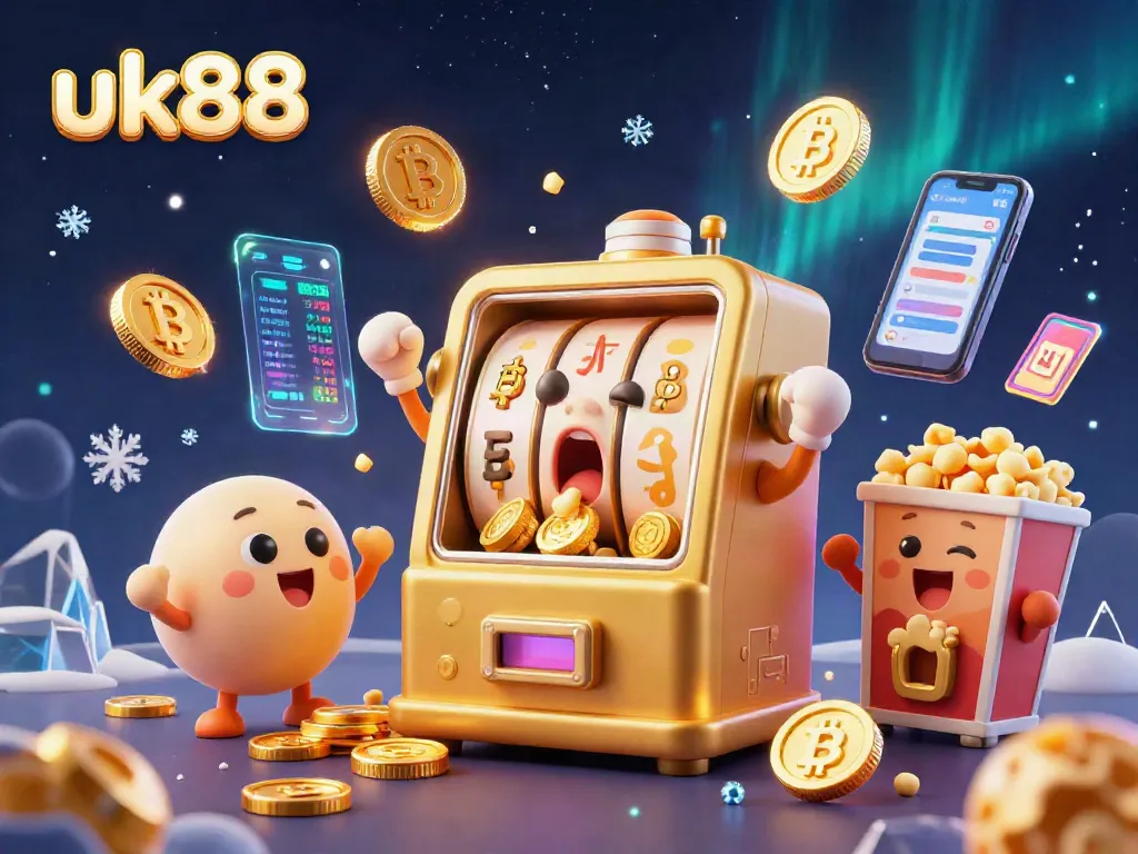 Win big with Uk88 at this vibrant 3D illustration featuring a golden slot machine celebrating its jackpot.