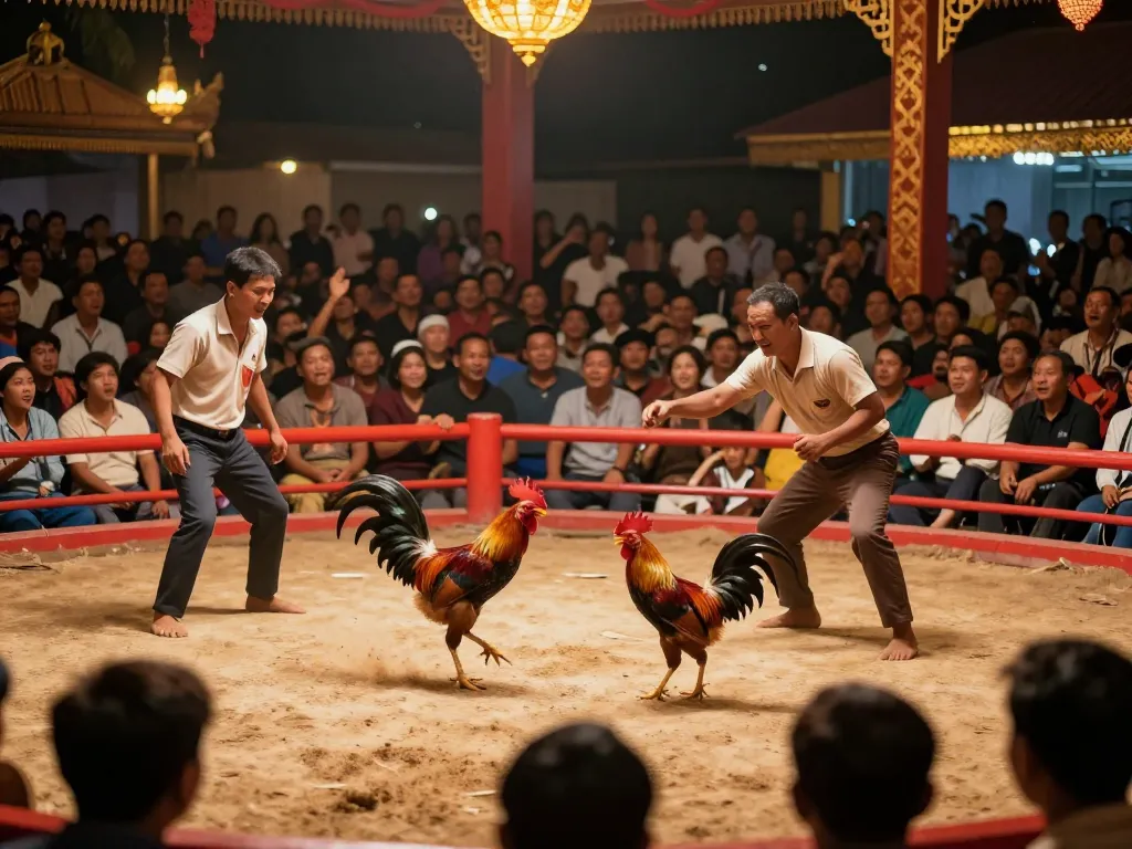 Watch live đá gà thomo action; roosters battling in vibrant arena, audience excitement.
