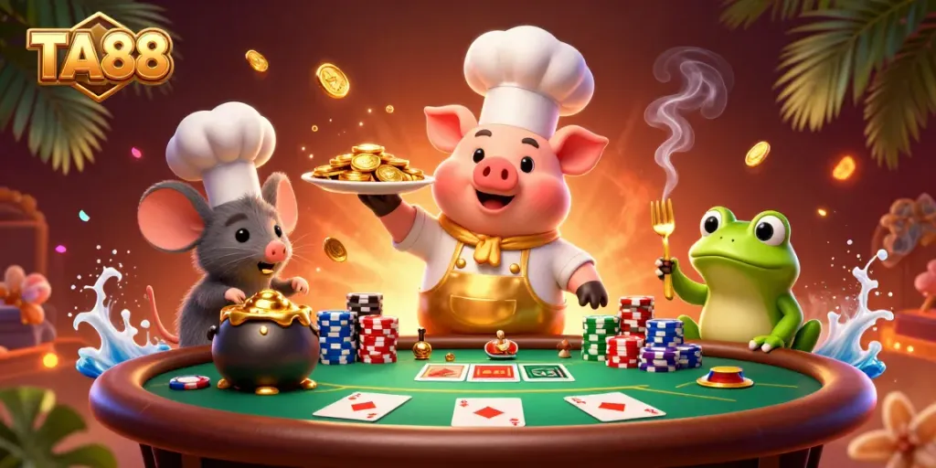 TA88 showcases exciting casino fun with gold coins and poker action in an engaging scene.