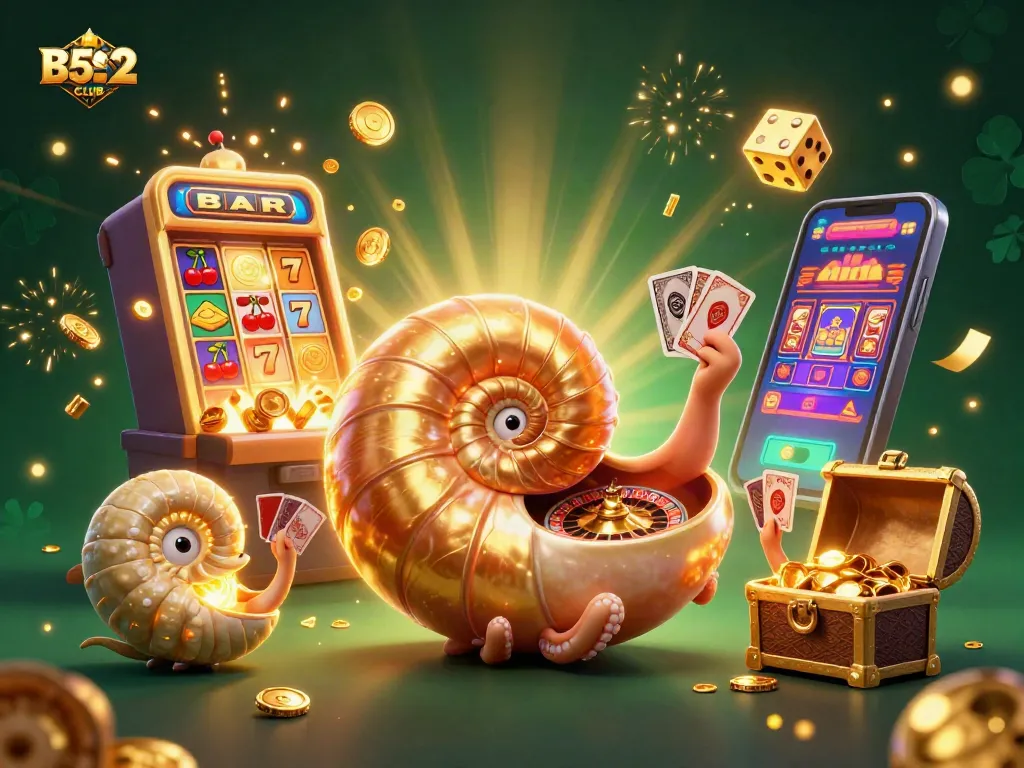 B52CLUB offers an exciting casino experience with a giant nautilus and treasures bursting from a slot machine.