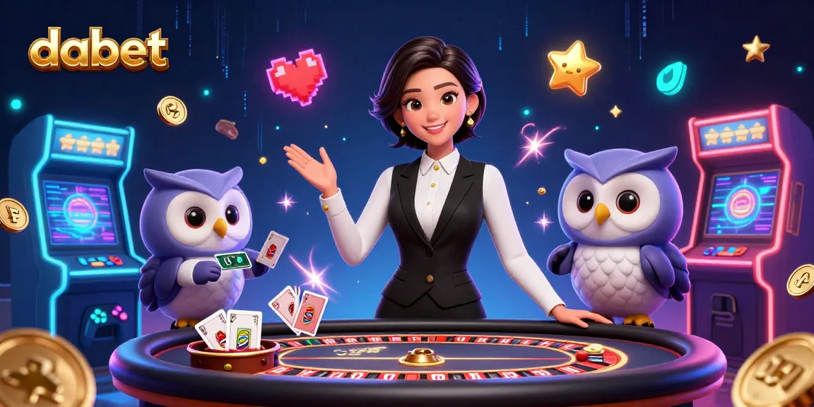Dabet casino illustration showcasing a charming dealer and assistant at a baccarat table amidst vibrant casino elements.