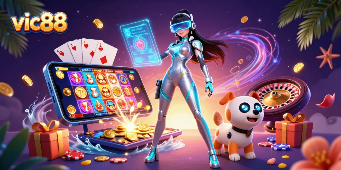 vic88 slots experience with a futuristic woman and robot, enhanced by vibrant casino elements